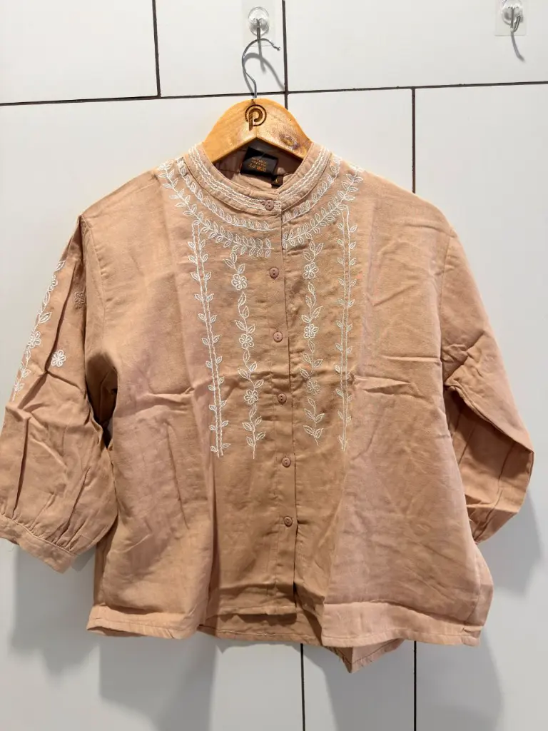 Beige Peach Floral Thread Embroidered Imported Cotton Top