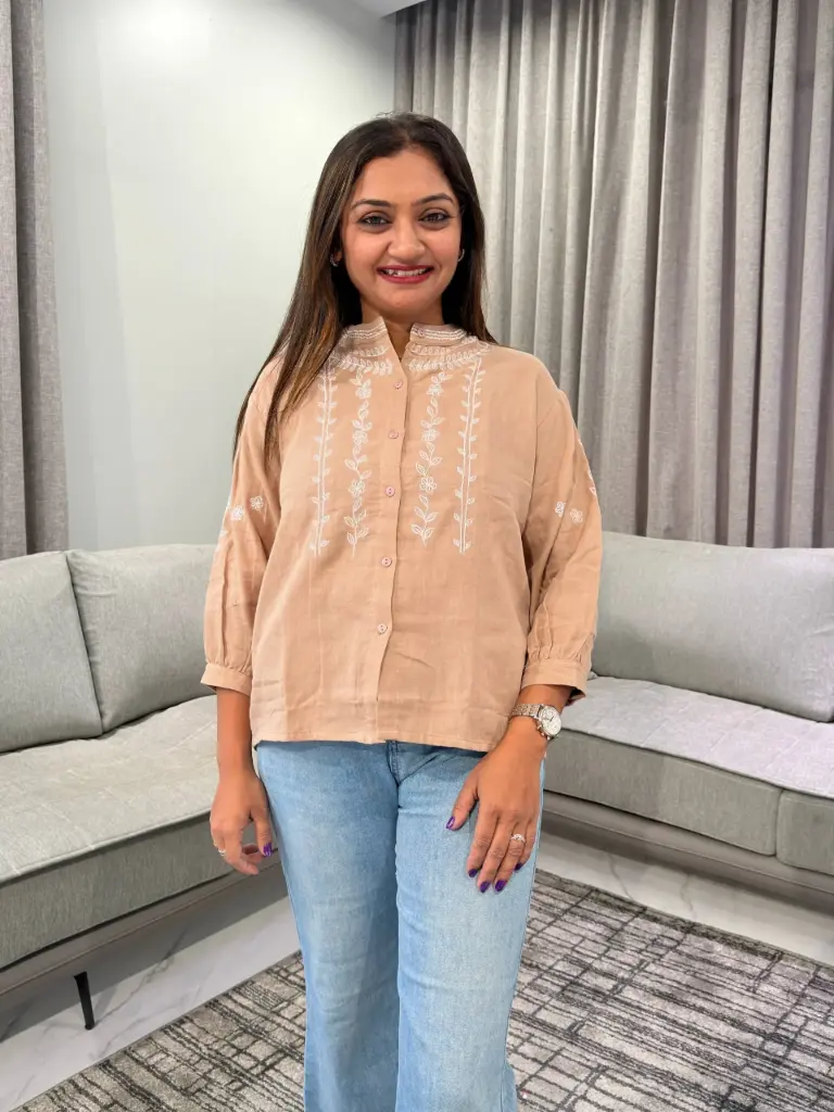 Beige Peach Floral Thread Embroidered Imported Cotton Top