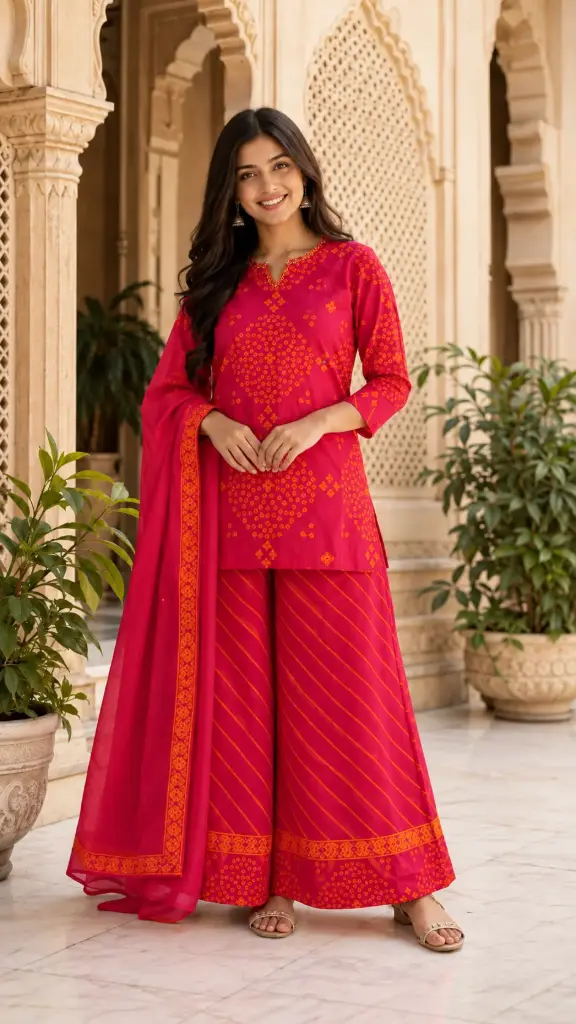 Hot Pink Bandhani & Leheriya Printed Pure Cotton 3-Piece cord Set