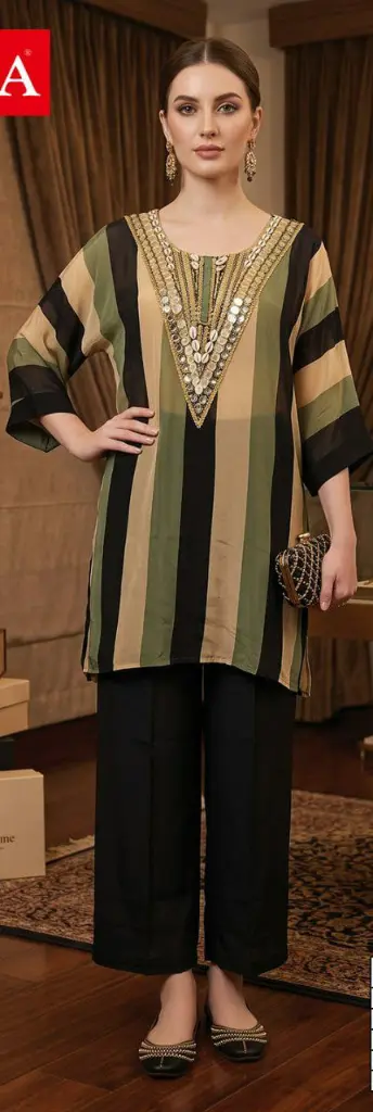 Regal Striped Coinwork Crepe Co-Ord Set