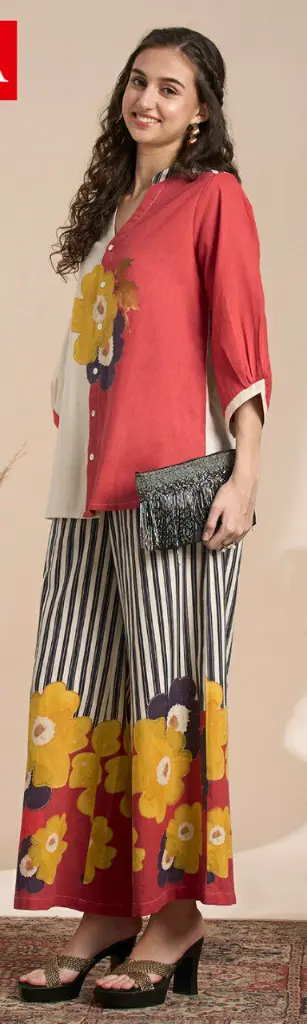 Dual-Tone Coral & Off-White Floral Printed Imported Cotton Co-ord Set
