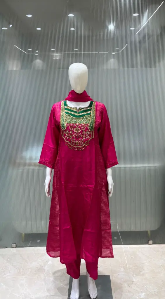 Rani Pink Hand-Embroidered Pure Premium Russian Silk 3-Piece Suit Set