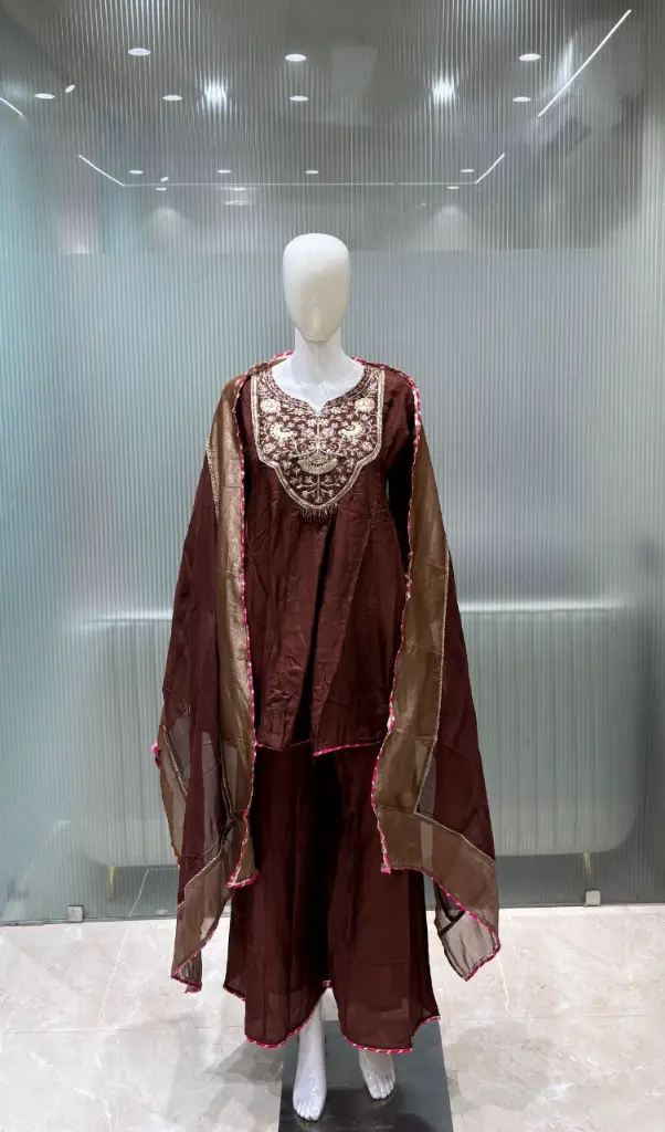 Deep Brown Hand-Worked Yoke Flared Short Kurta Russian Silk Co-ord Set