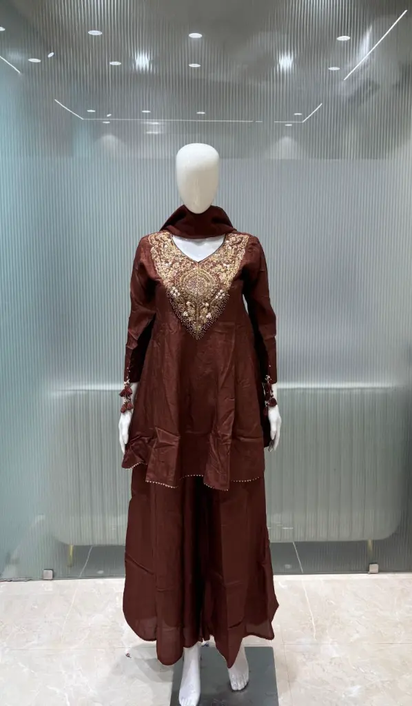 Rich Brown Zardozi Yoke Flared Short Kurta Russian Silk Co-ord Set