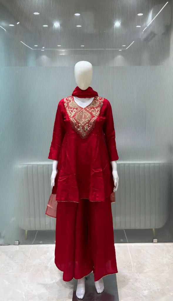 Deep Red Zardozi Yoke Flared Short Kurta Russian Silk Co-ord Set