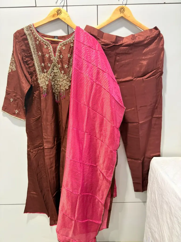 Brown Zardozi & Pink Contrast Dupatta Russian Silk Palazzo Set