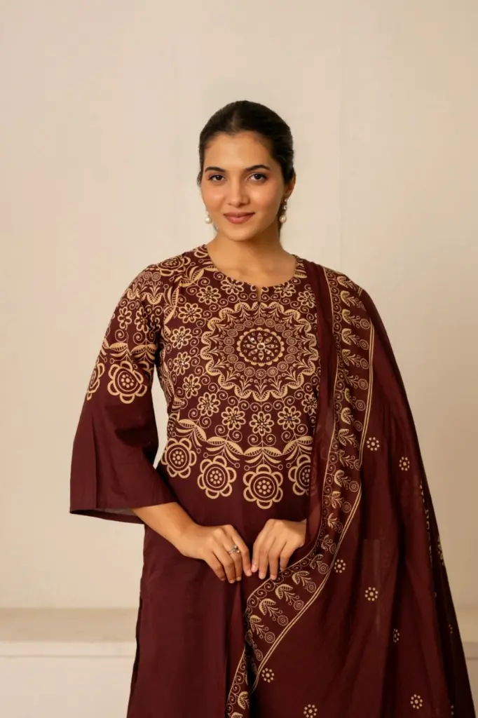 Royal Maroon Floral Pure Cotton 3-Piece Set