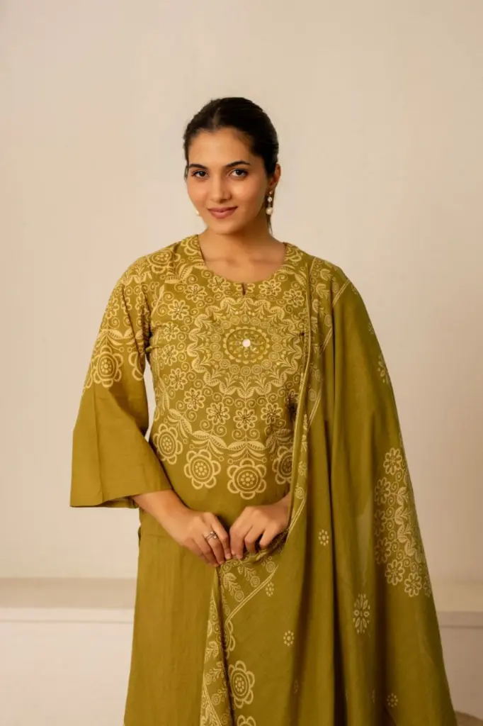 Olive Green Gold Mandala Printed Pure Cotton 3-Piece Suit Set