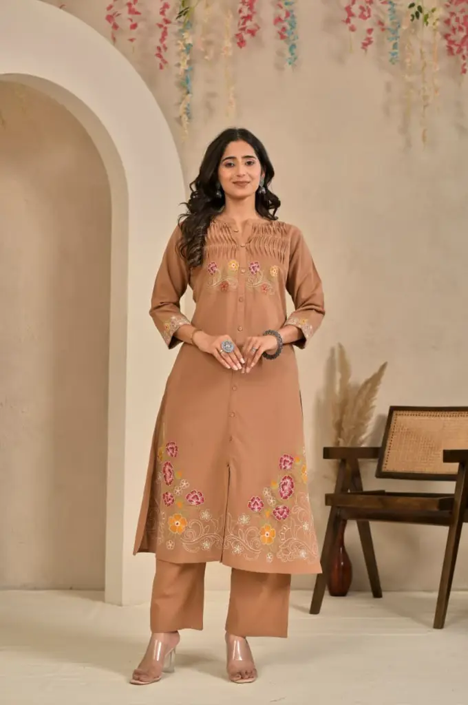 Beige-Tan Floral Embroidered Soft Flex Cotton 2-Piece Kurta Set