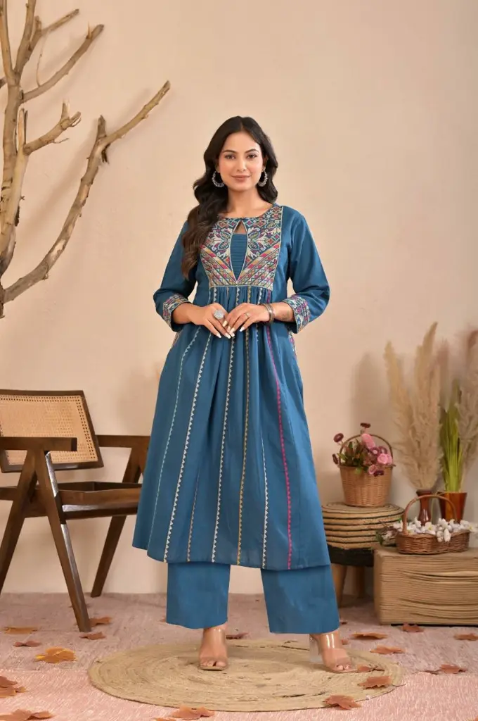 Teal Blue Geometric Embroidered Soft Flex Cotton Kurta Set