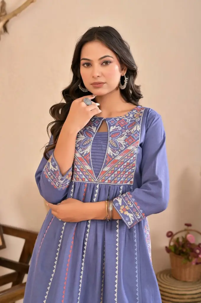 Periwinkle Blue Geometric Embroidered Soft Flex Cotton Kurta Set