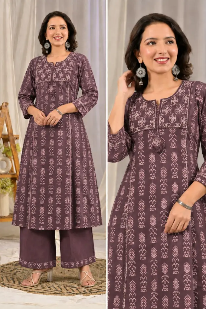 Eggplant Purple Printed Soft Flex Cotton Kurta Set