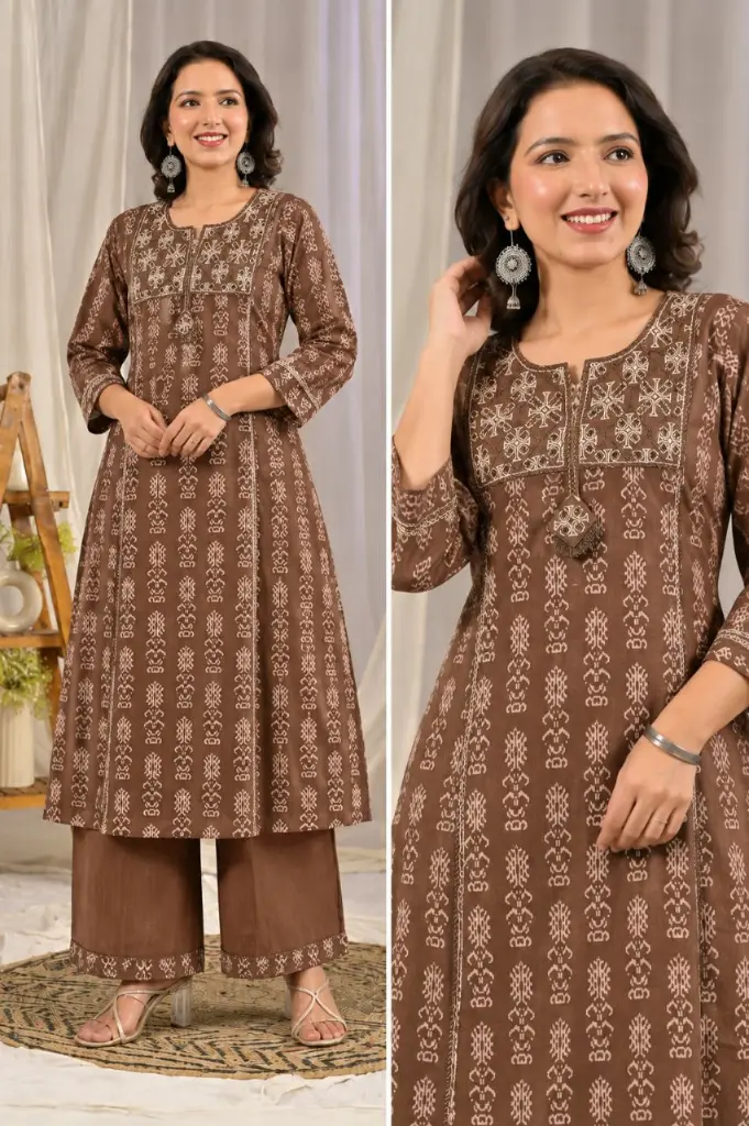 Chocolate Brown Printed Soft Flex Cotton Kurta Set