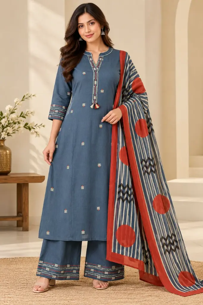 Slate Blue Embroidered Pure Cotton 3-Piece Kurta Set