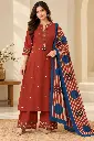 Rust Red Embroidered Pure Cotton 3-Piece Kurta Set
