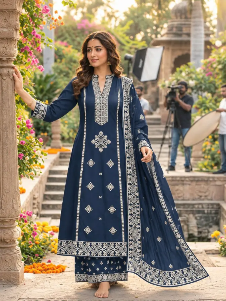 Navy Blue Heavy Embroidered Pure Cotton Kurta Set