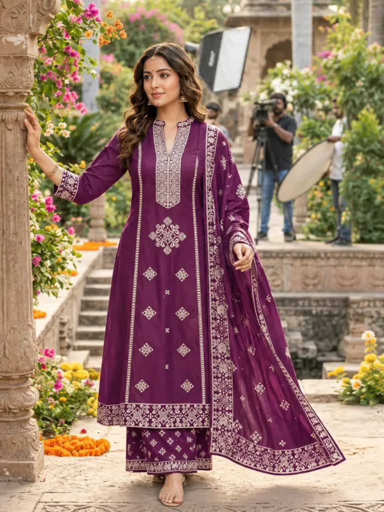 Plum Purple Intricate Yoke Embroidered Cotton 3-Piece Set