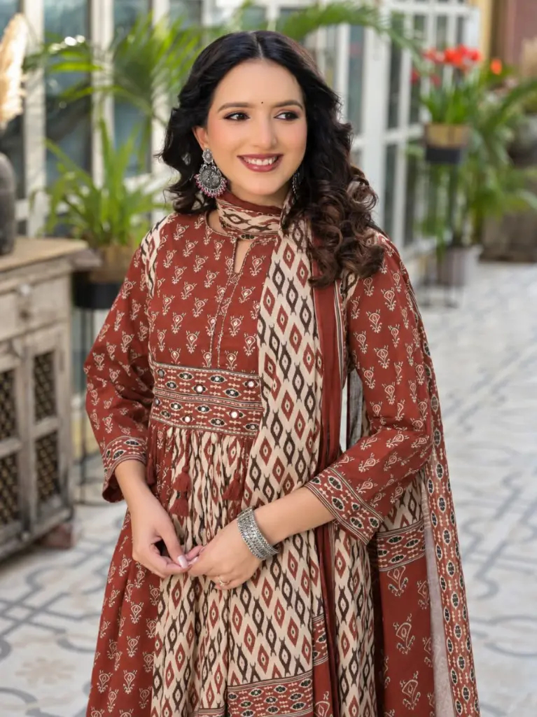 Rust Brown Ikat Printed Pure Cotton 3-Piece Kurta Set