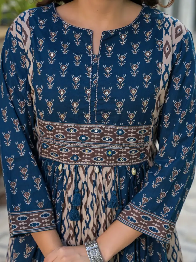 Indigo Blue Ikat Printed Pure Cotton 3-Piece Kurta Set