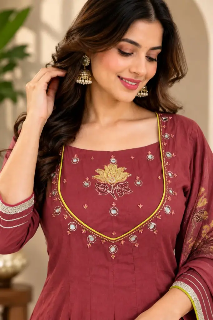Dusty Pink Lotus Embroidered Flared Cotton Kurta, Palazzo & Dupatta Set