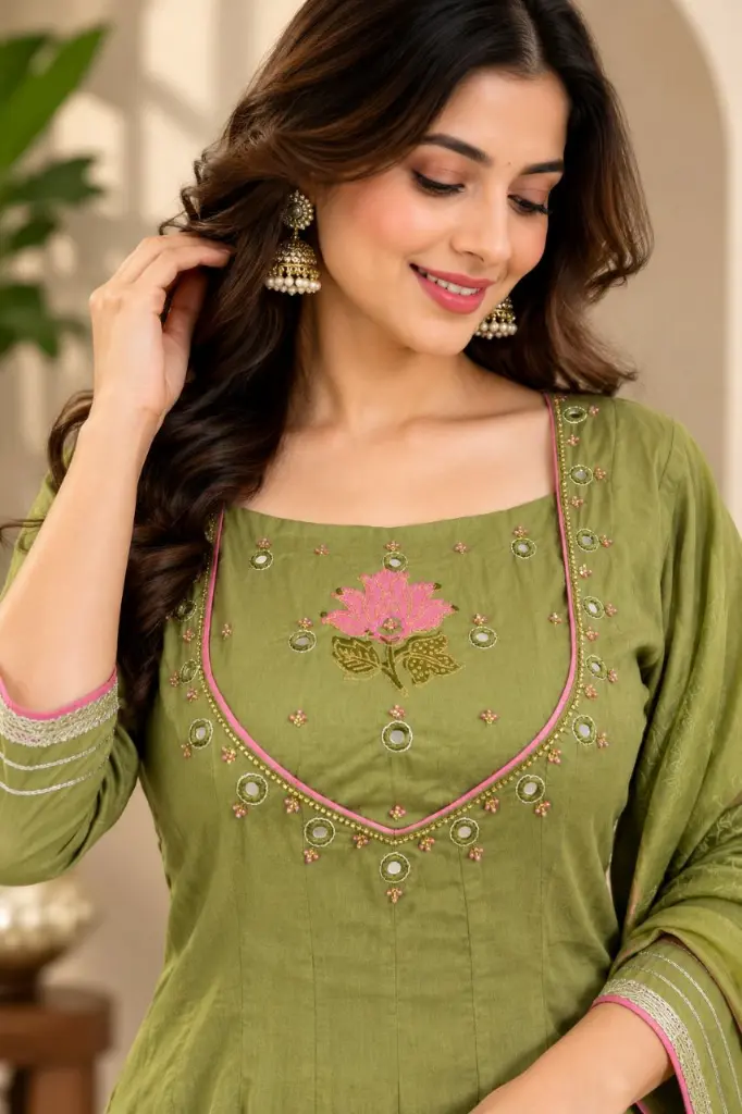 Olive Green Floral Embroidered Pure Cotton 3-Piece Anarkali Set