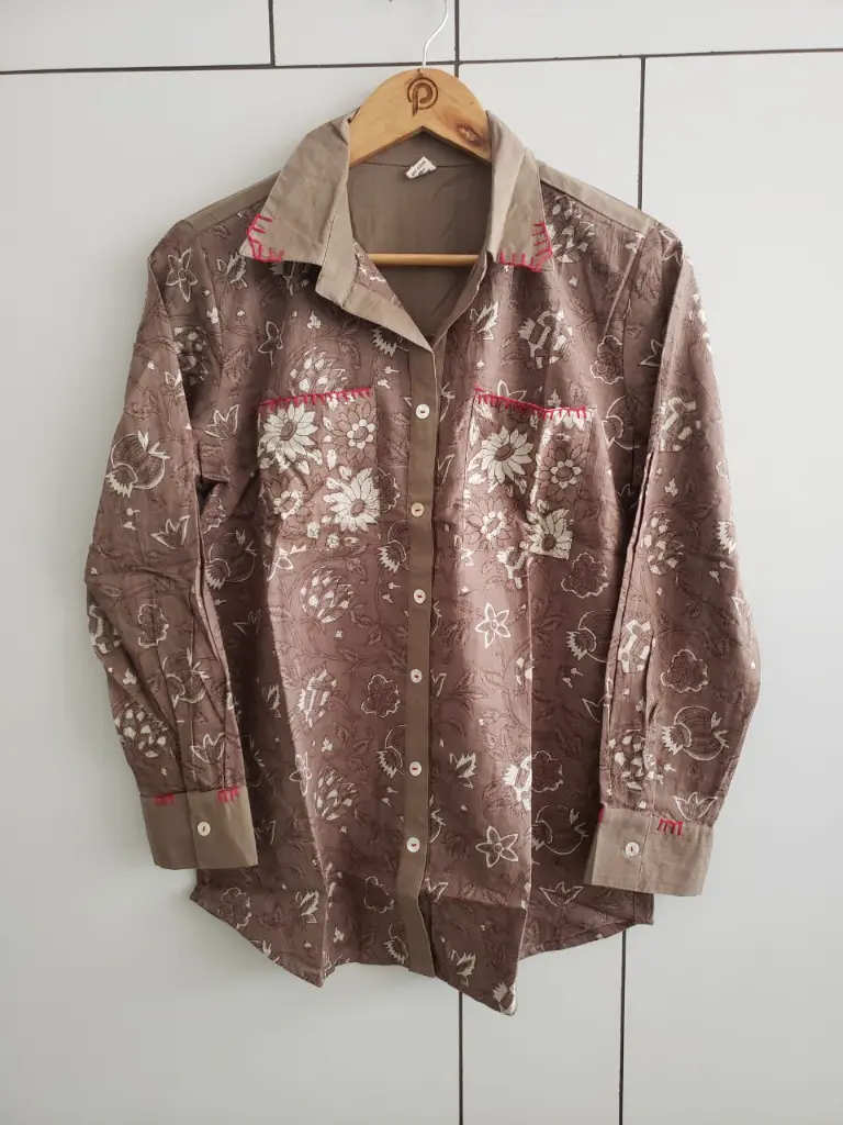 Taupe Brown Floral Printed Pure Cotton Shirt