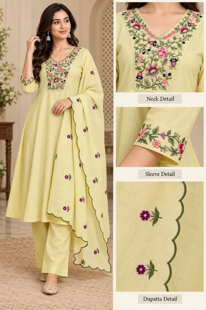 Floral Embroidered Pastel Yellow Pure Cotton Anarkali Set