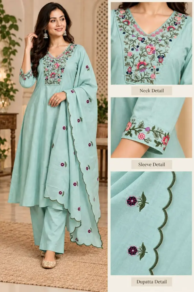 Mint Bloom Floral Embroidered Pure Cotton 3-Piece Kurta Set