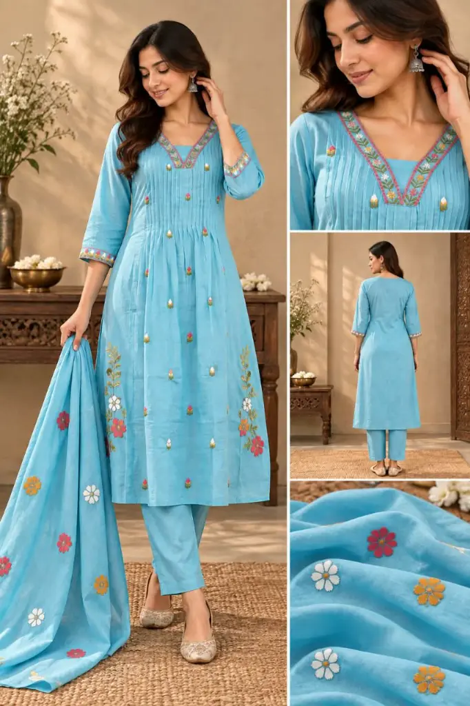Sky Blue Floral Embroidered Pure Cotton 3-Piece Anarkali Set