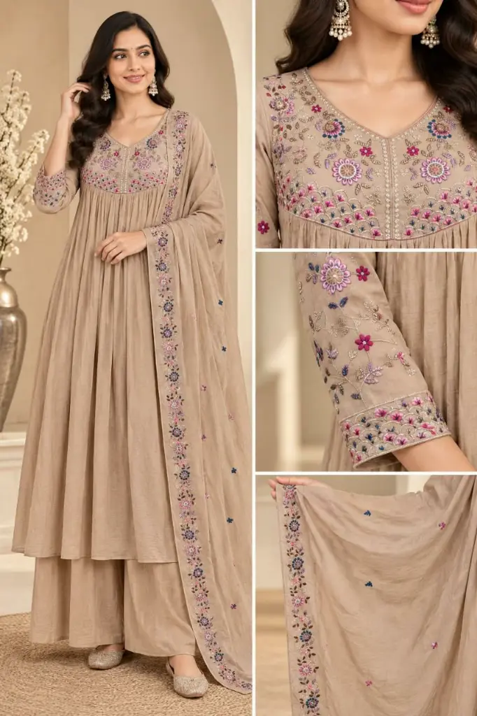Beige Floral Embroidered Pure Mull Crush Chanderi 3-Piece Set