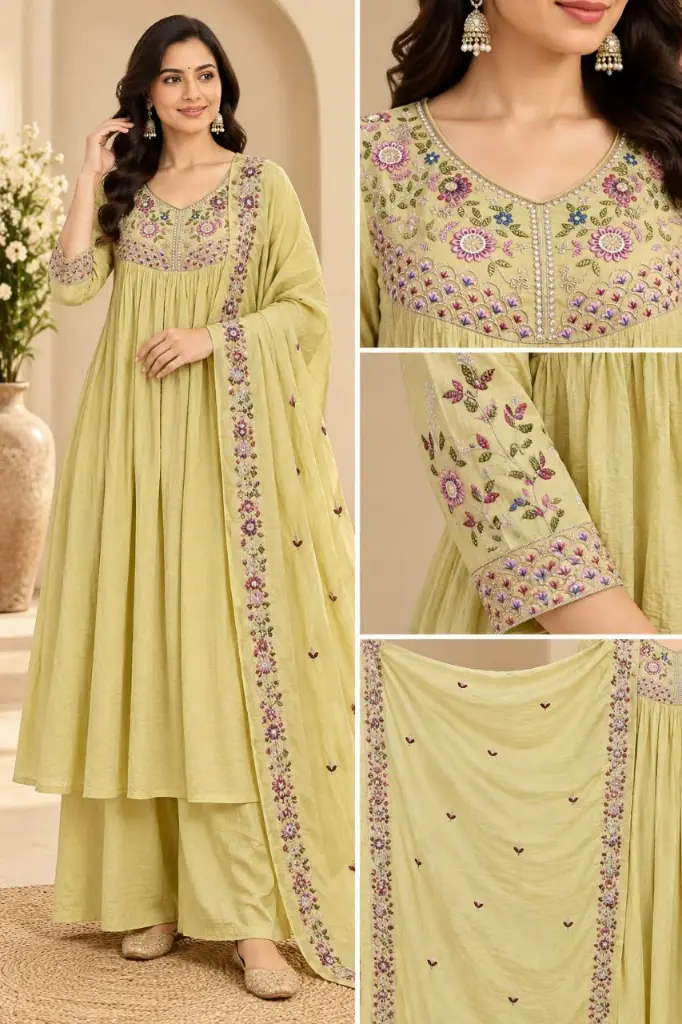 Pistachio Yellow Floral Embroidered Pure Mull Crush Chanderi 3-Piece Set
