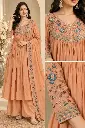 Peach Coral Floral Embroidered Pure Mull Crush Chanderi 3-Piece Set