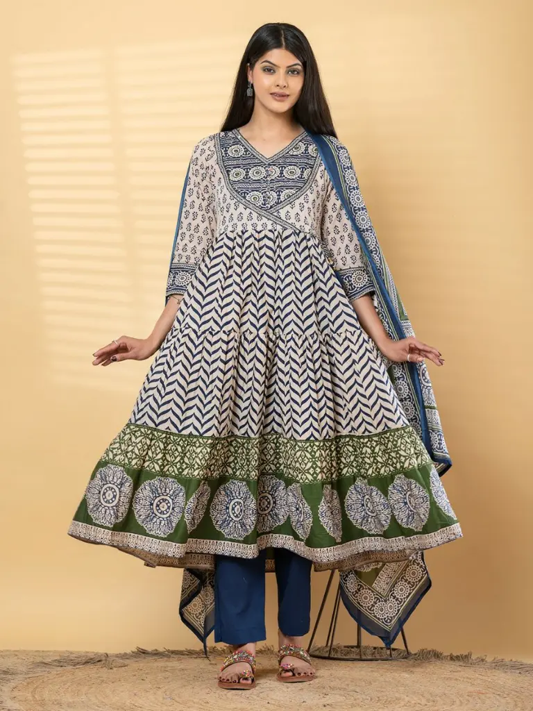 Indigo & Olive Tiered Block Printed Pure Mull Cotton Anarkali Set