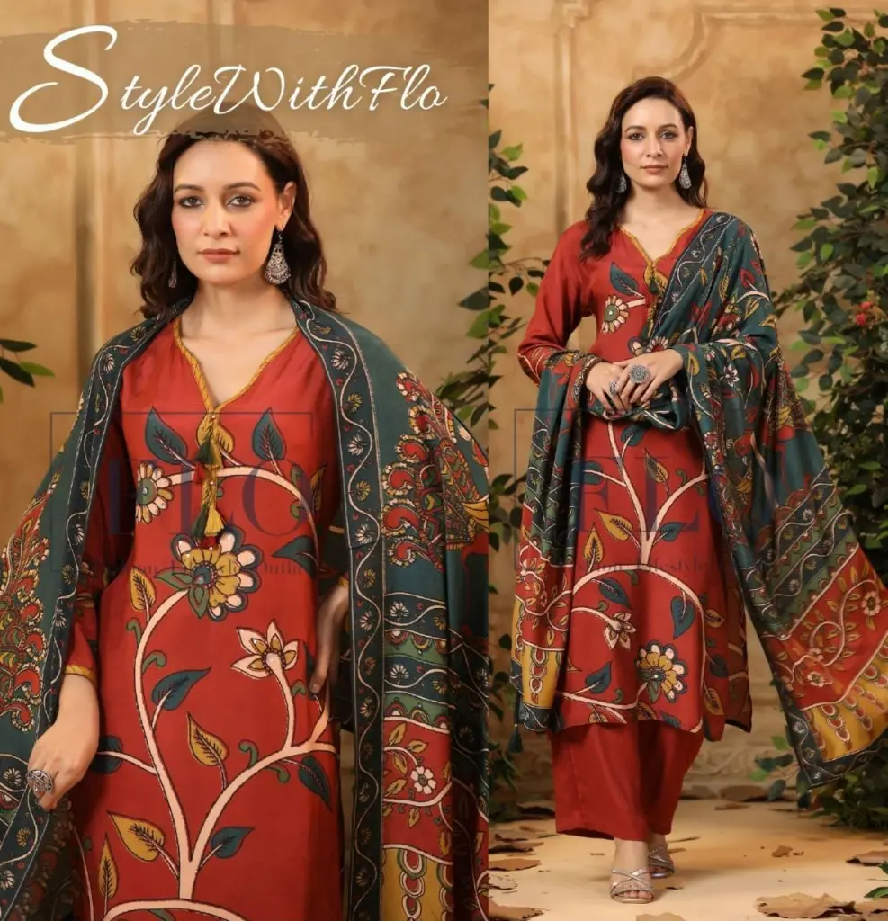 Rust Red Kalamkari Printed Pure Muslin Crepe 3-Piece Set