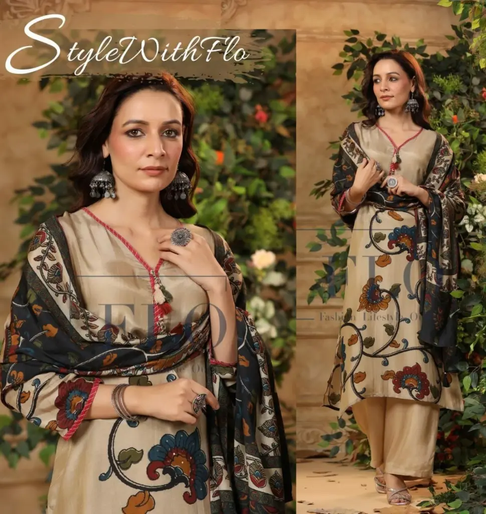 Beige Kalamkari Printed Pure Muslin Crepe 3-Piece Set