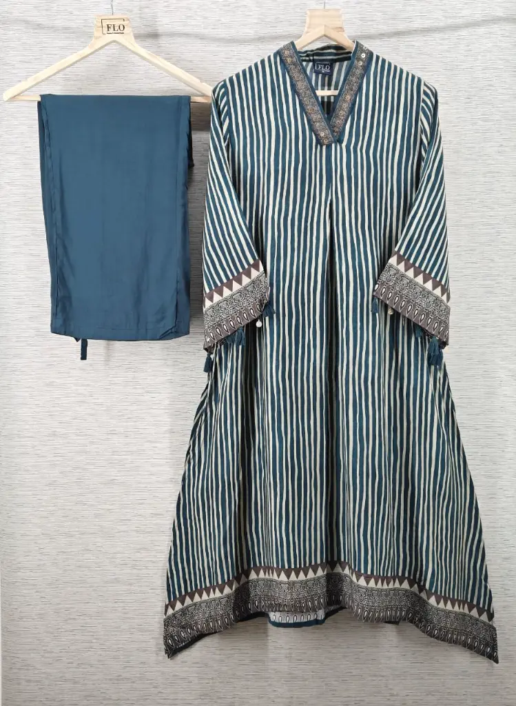 Teal Blue Striped Pure Muslin Crepe 2-piece kurta Set