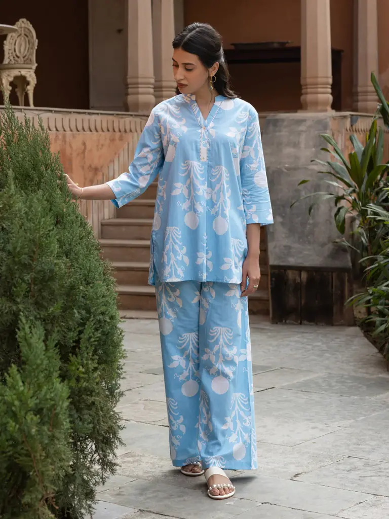 Sky Blue Floral Printed Cotton Printed Co-ord Set