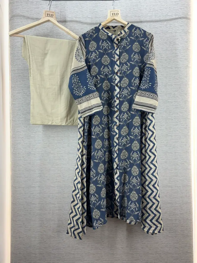 Indigo Blue Block Printed Pure Muslin Crepe 2-Piece Kurta Set