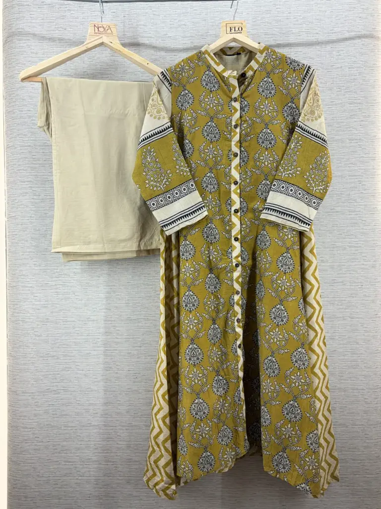Mustard Yellow Block Printed Pure Muslin Crepe 2-Piece Kurta Set