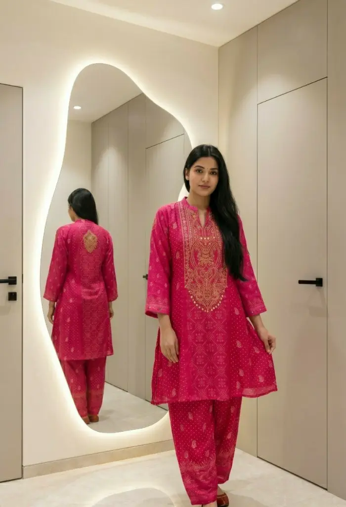 Rani Pink Bhandhani Printed Pure Muslin Crepe Co-Ord Set