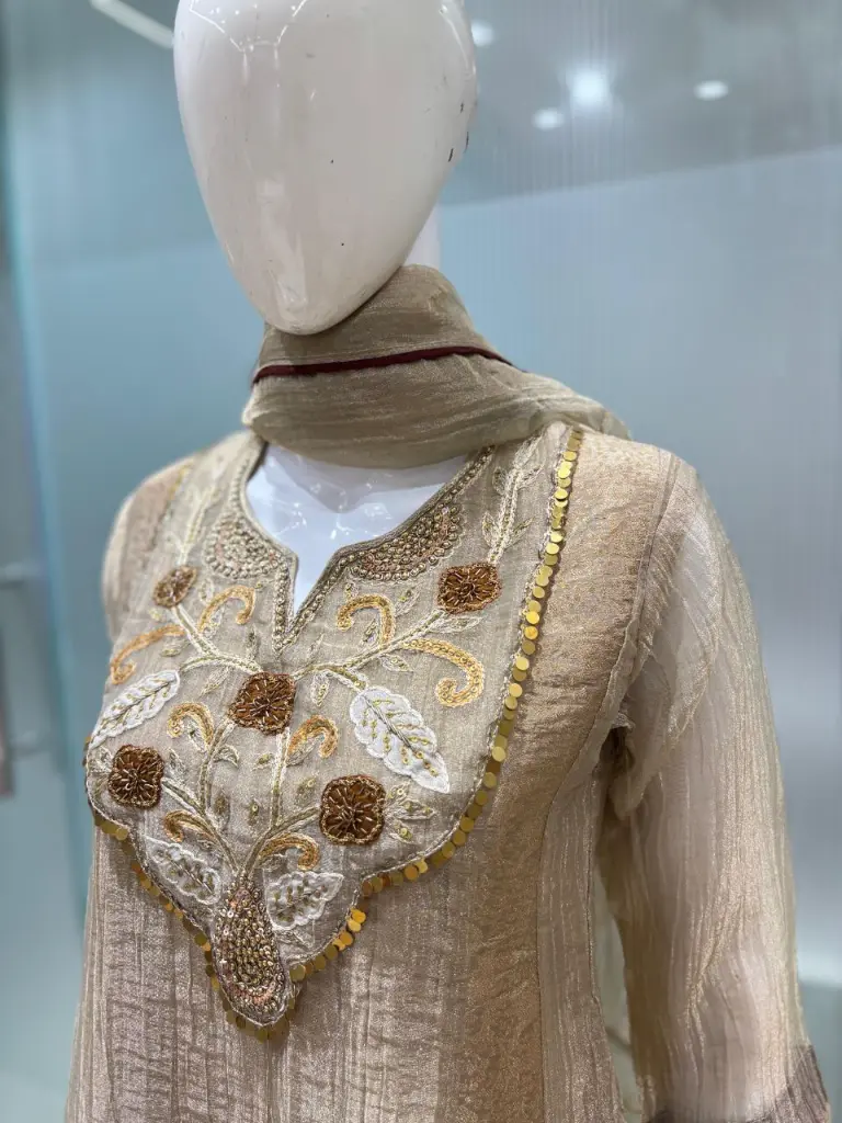 Pure Festive Tissue Embroidered Champagne Gold Indo-Western Co-Ord Set