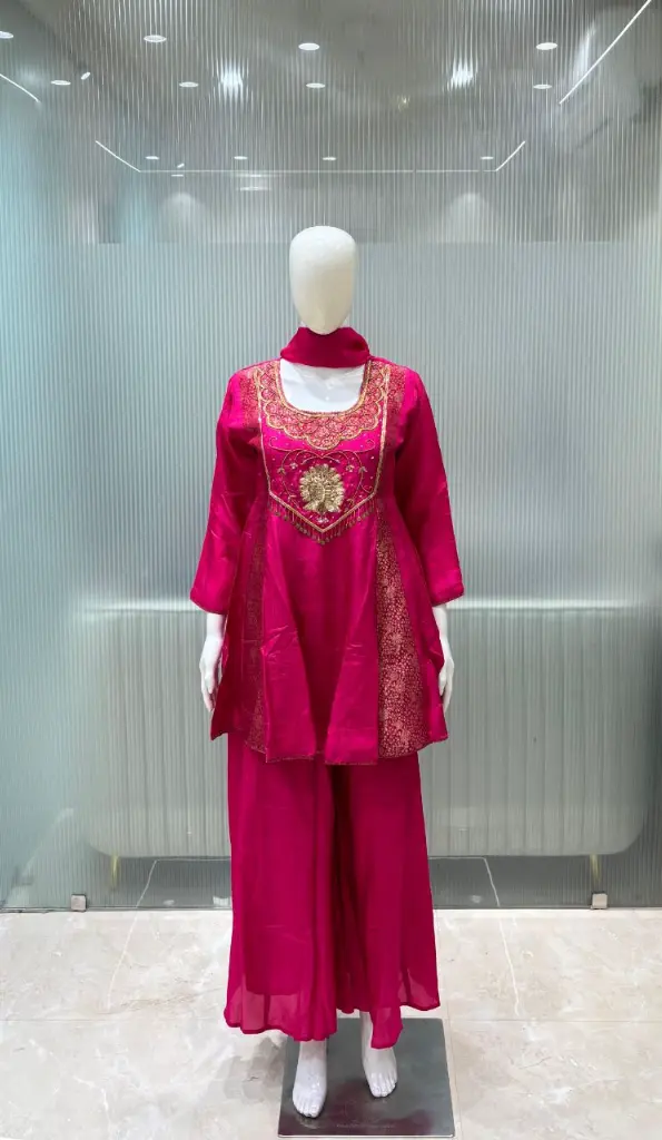 Rani Pink Hand-Worked Pure Russian Silk Indo-Western 3-Piece Set