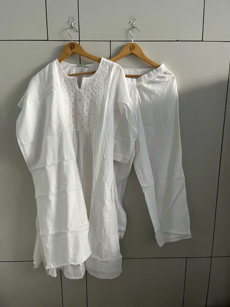 Pure White Floral Embroidered Mull Cotton 3-Piece Kurta Set