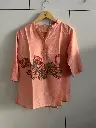 Peach Printed Pure Imported Linen Casual Top