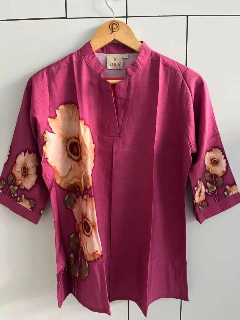 Magenta Pink Floral Printed Pure Imported Linen Casual Top