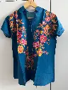 Teal Blue Floral Printed Pure Imported Linen Shirt