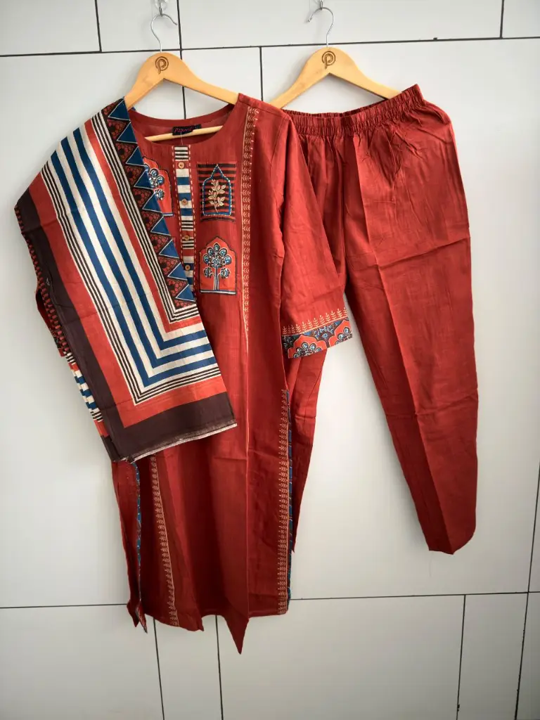 Rust Orange Hand-Worked Pure Soft Flex Cotton 3-Piece Set