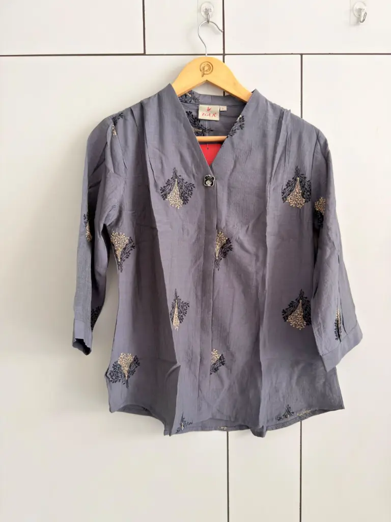 Slate Grey Hand-Worked Pure Imported Linen Casual Top