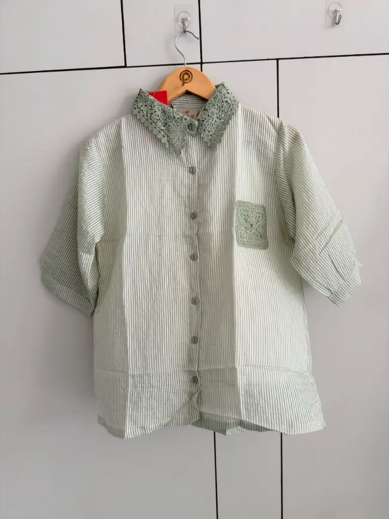Mint Green Striped Lace-Collared Pure Imported Linen Top