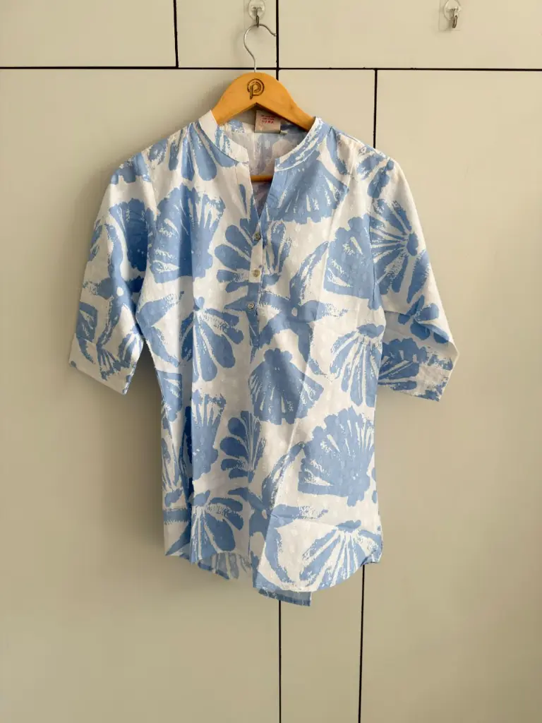 Sky Blue & White Floral Block-Print Pure Dobby Cotton Tunic